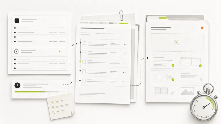 Scattered app dashboards and logs being gathered into a single dispute evidence packet against a stopwatch